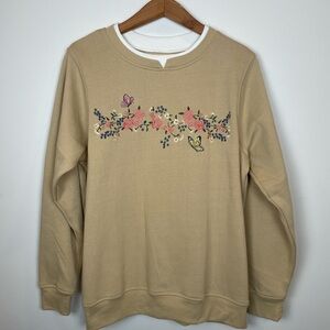 Vintage-Inspired Cottagecore Floral Embroidered Fleece Sweatshirt Butterfly Top